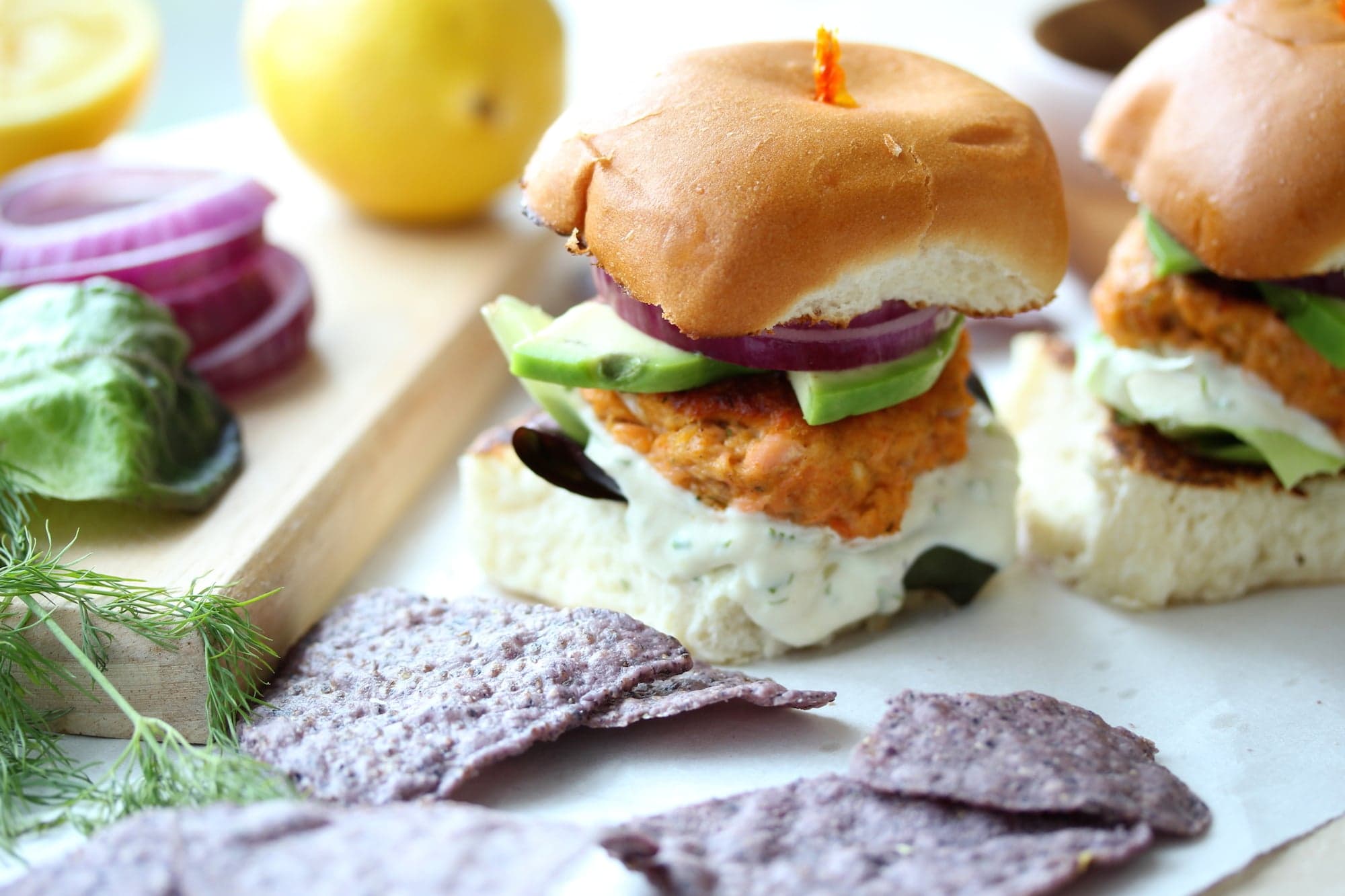 Smoky Salmon Sliders with Lemon Dill Yogurt Spread