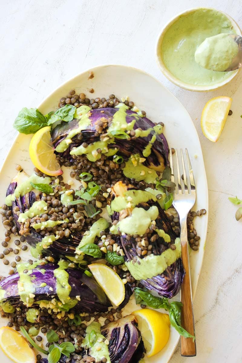 Charred Cabbage with Lentils and Green Tahini