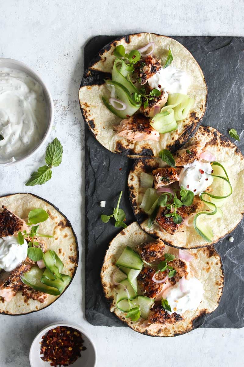 Sumac Salmon Tacos with Coriander-Mint Yogurt