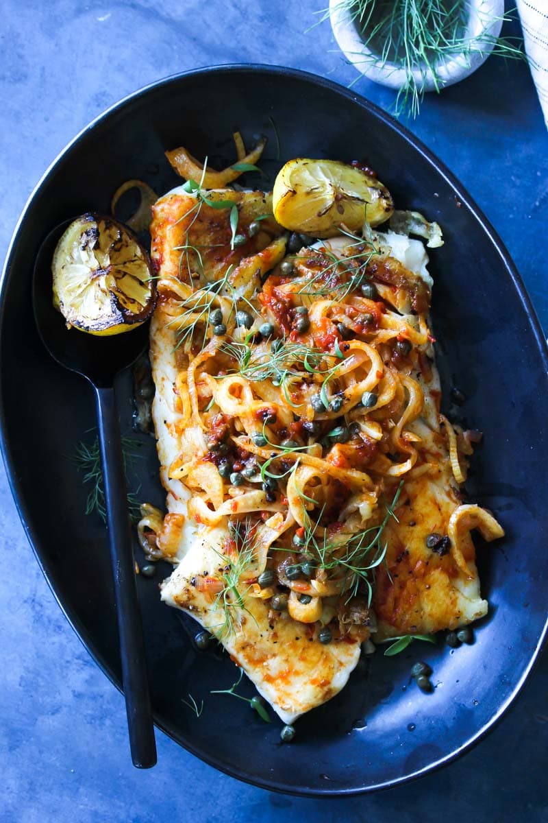 Pan-Seared White Fish with Harissa-Fennel and Capers