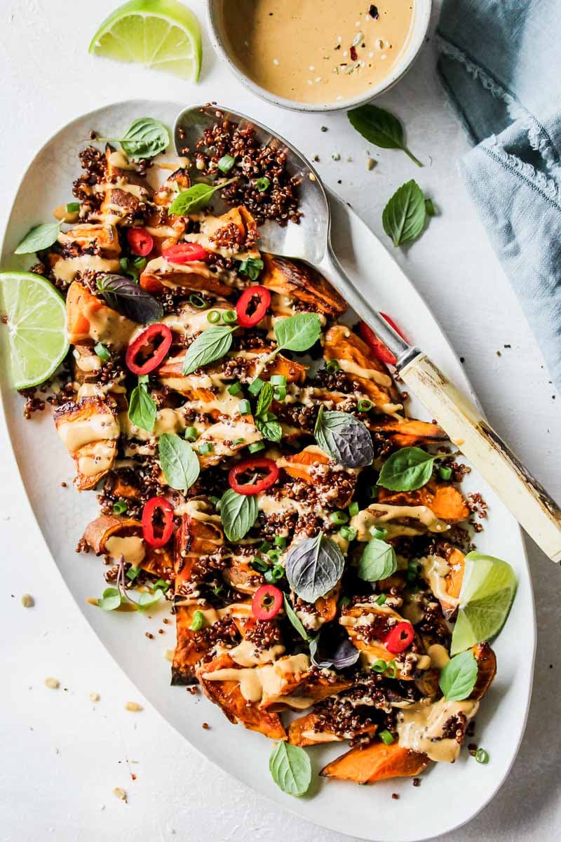 Roasted Sweet Potato Wedges with Asian Peanut Sauce