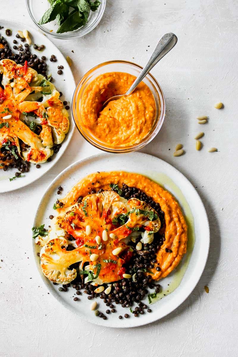 Cauliflower Steaks with Lemon-Caper Lentils and Harissa "Hummus"