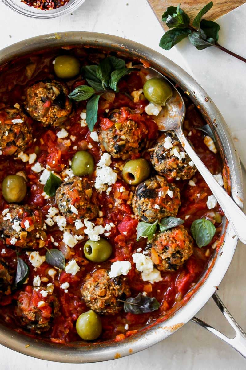 Vegetarian Mushroom Meatballs in Spanish Olive-Tomato Sauce