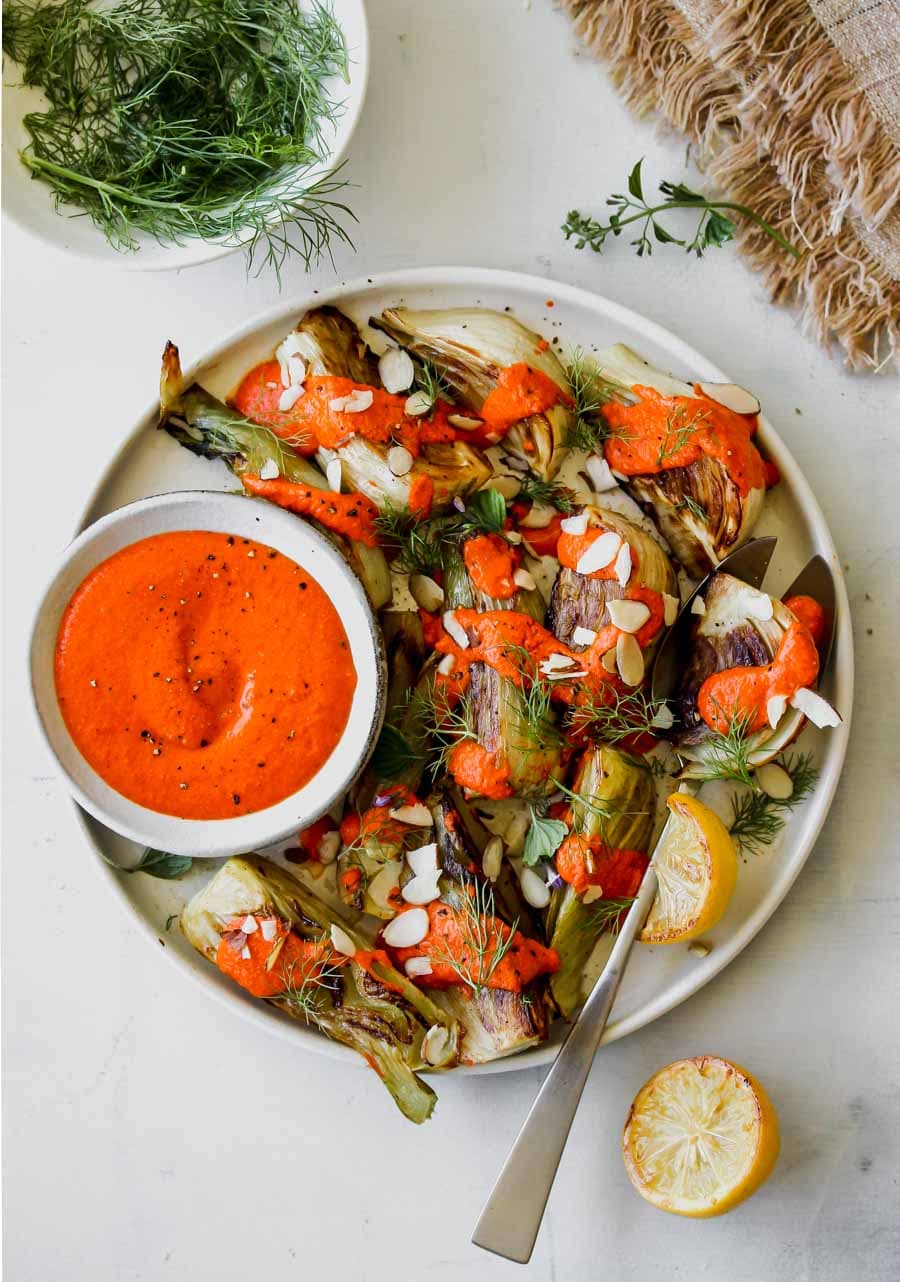 Roasted Fennel with Red Pepper-Horseradish Sauce