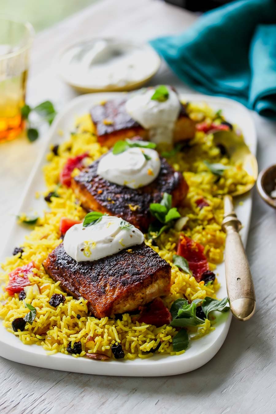 Crispy Salmon with Indian Spices and Jeweled Rice