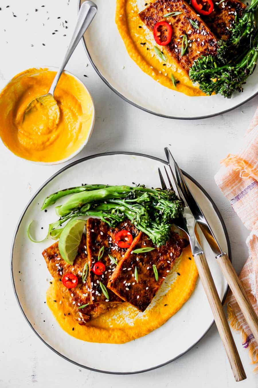 Honey-Soy Glazed Tofu with Carrot-Ginger Sauce