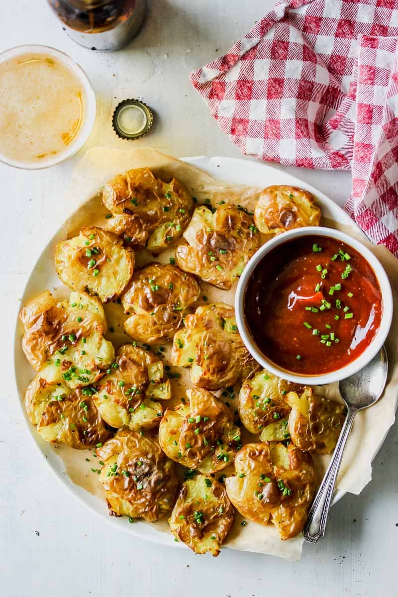 Salt and Vinegar Smashed Potatoes with Miso Ketchup