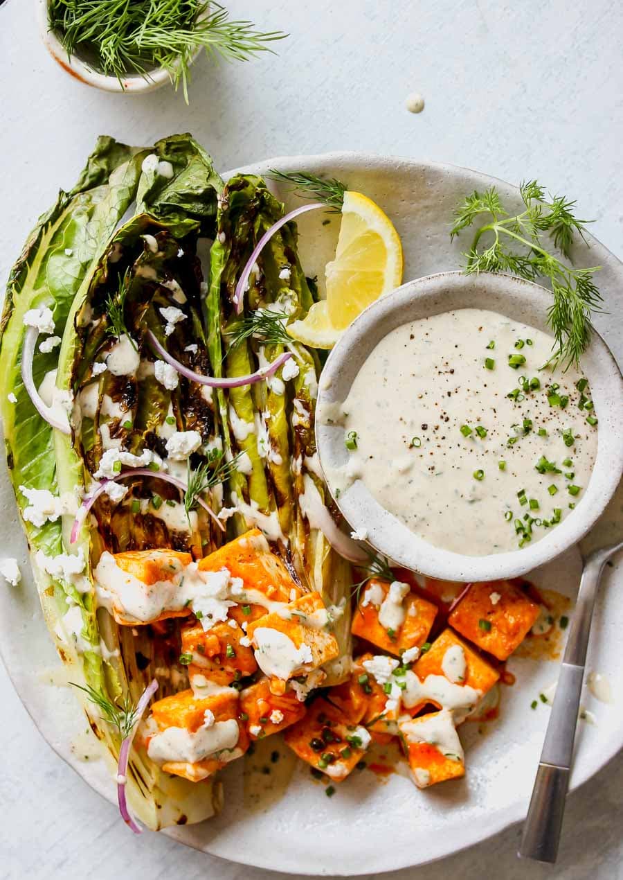 Grilled Romaine with Buffalo Tofu and Tahini Ranch