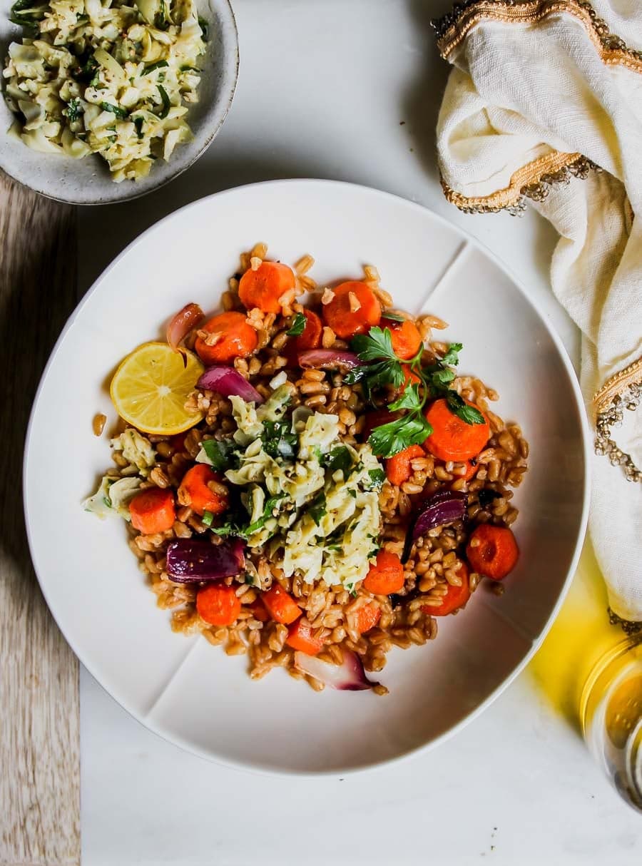 Balsamic-Roasted Carrots with Farro and Artichoke Gremolata