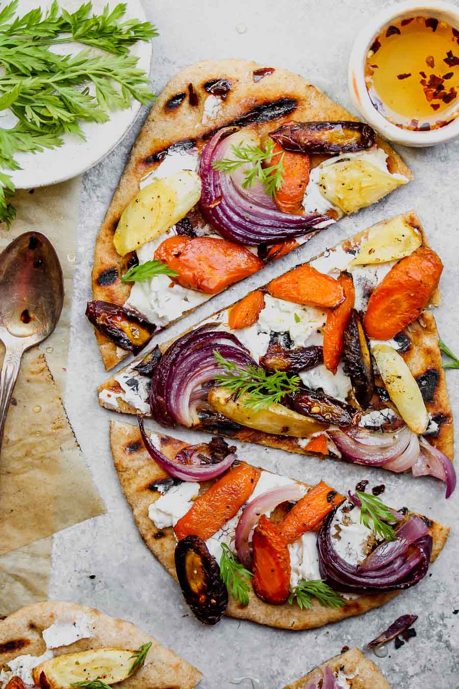 Roasted Root Vegetable and Goat Cheese Pizza with Chili Honey