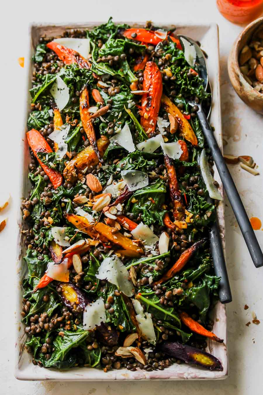 Warm Lentil and Kale Salad with Carrot-Harissa Dressing