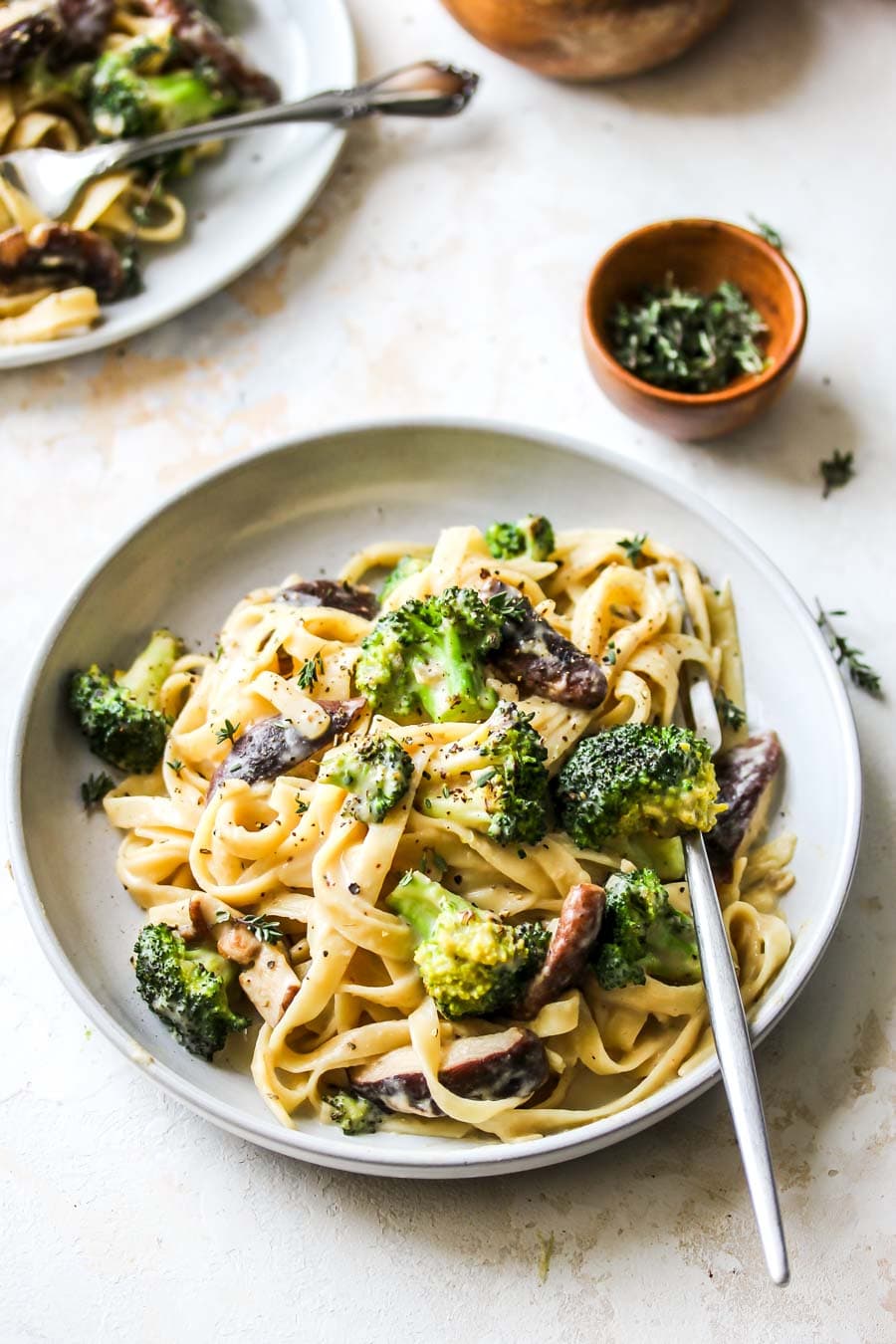 Broccoli and Mushroom Fettuccine with Miso Cream Sauce
