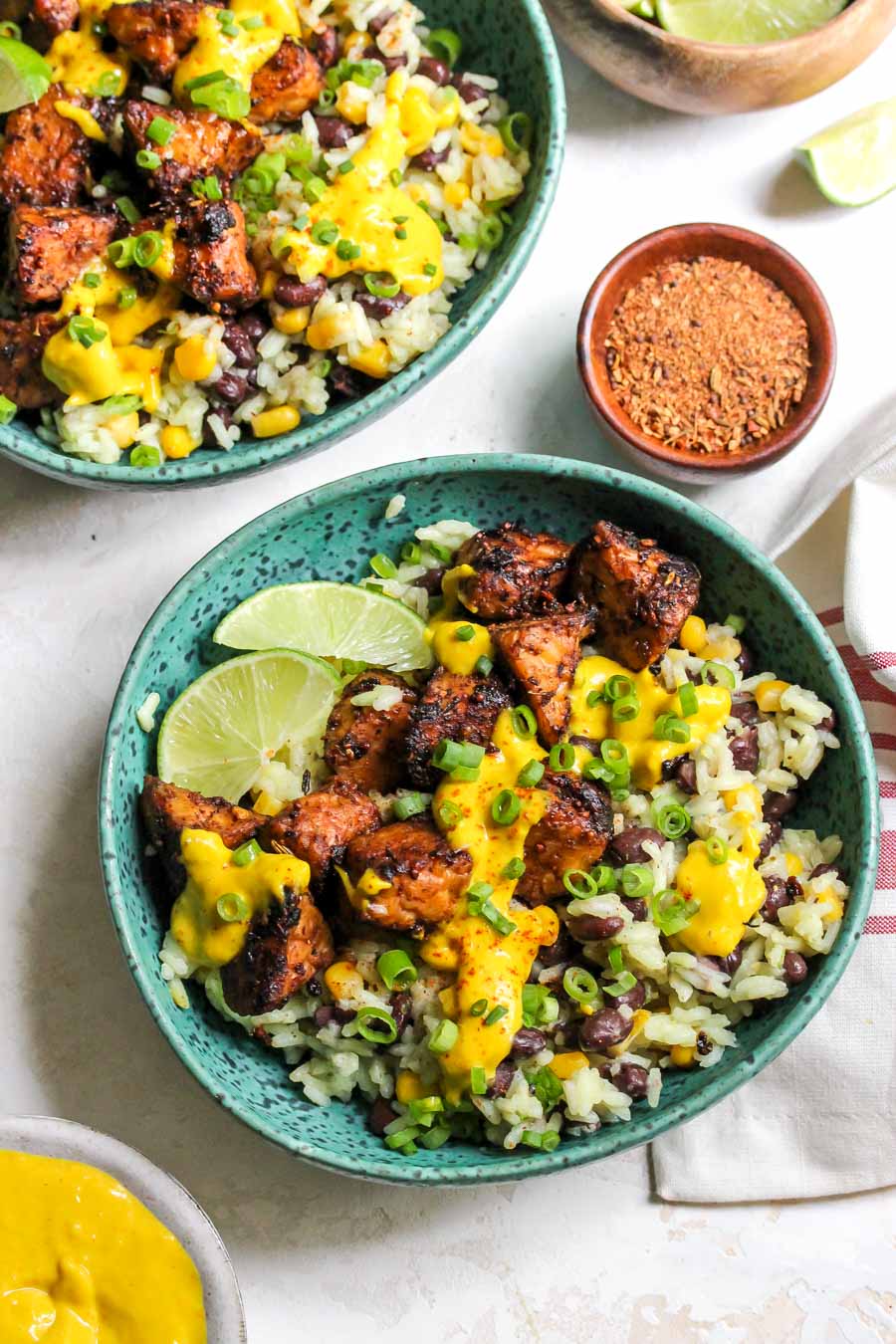Jerk Tempeh Bowls with Mango-Tahini Sauce