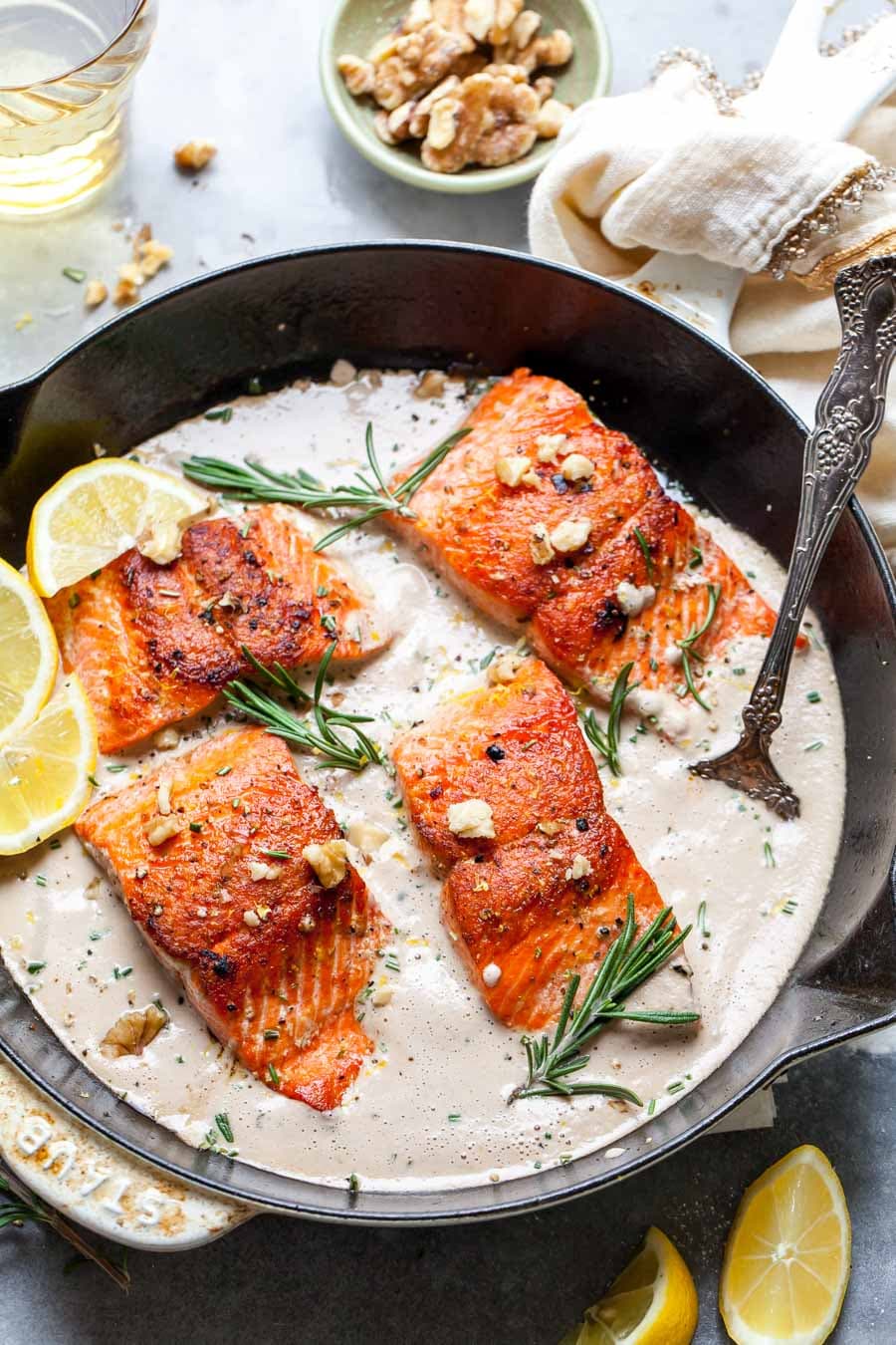 Pan Seared Salmon with Rosemary-Walnut Sauce