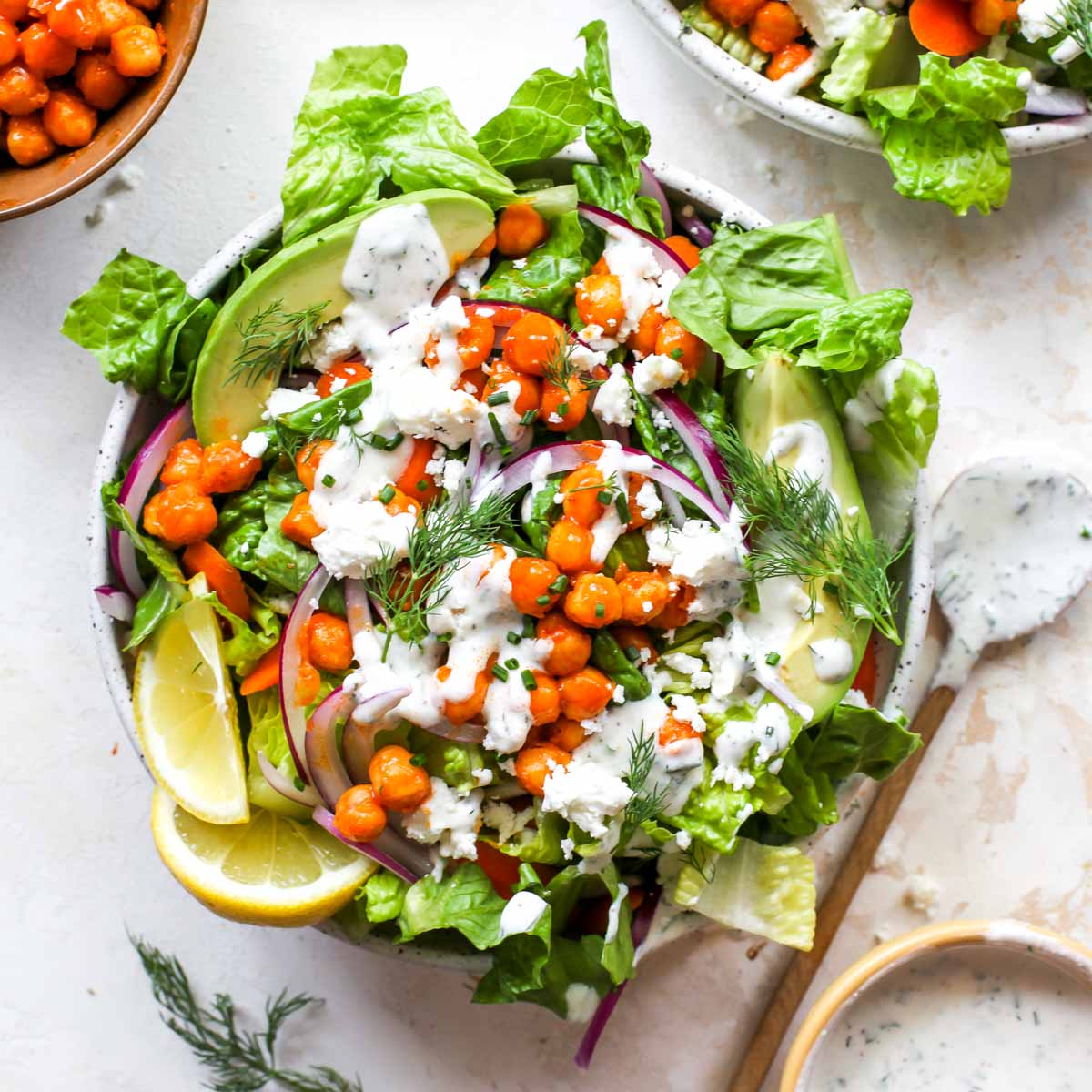 Buffalo Chickpea Salad with Yogurt Ranch Dressing