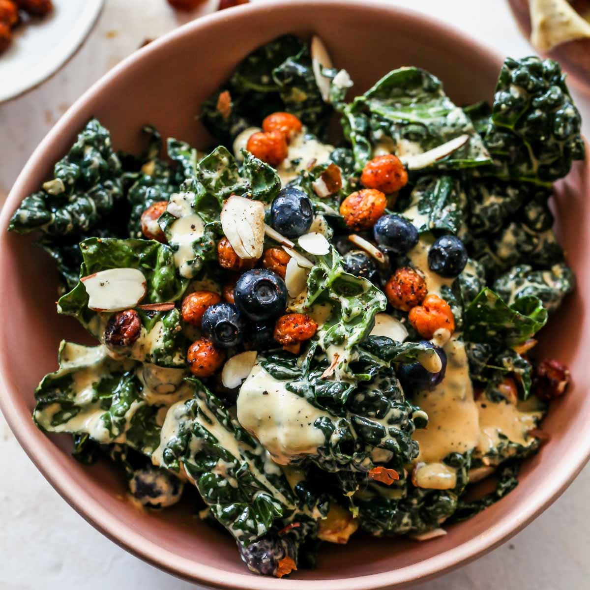 Blueberry Kale Caesar Salad with Smoky Chickpeas (Vegan)
