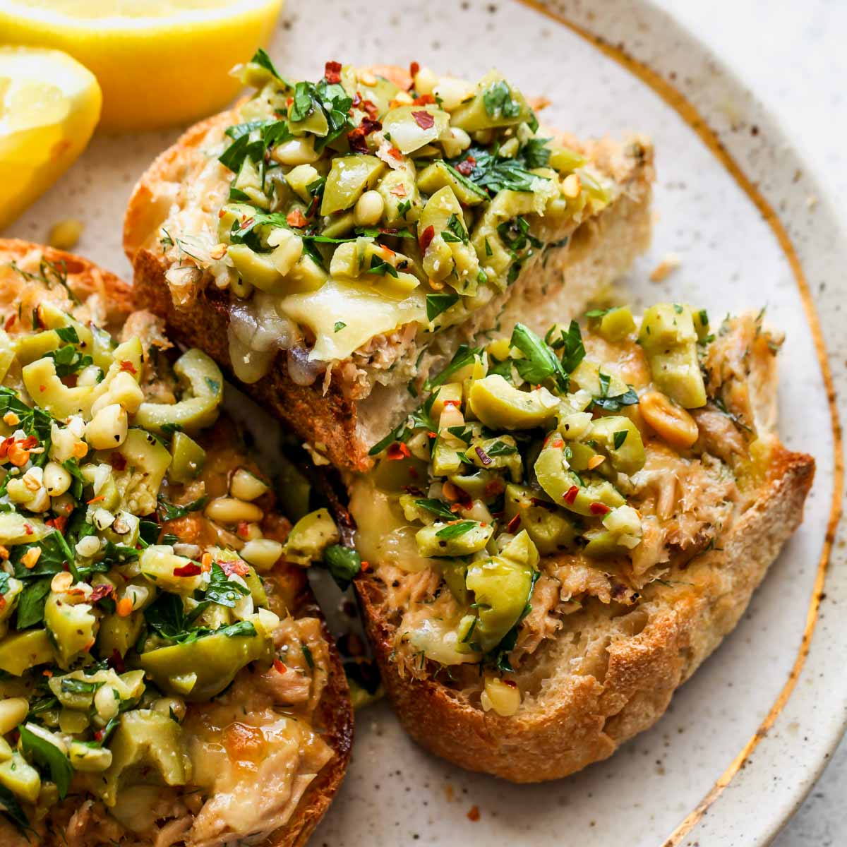 Cheesy Tuna Toasts with Olive Salsa