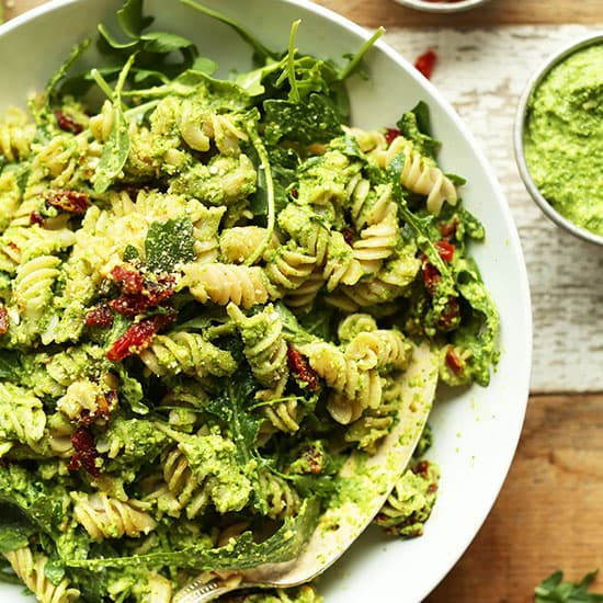 Pea Pesto Pasta with Sun-Dried Tomatoes &amp; Arugula (Vegan + GF)