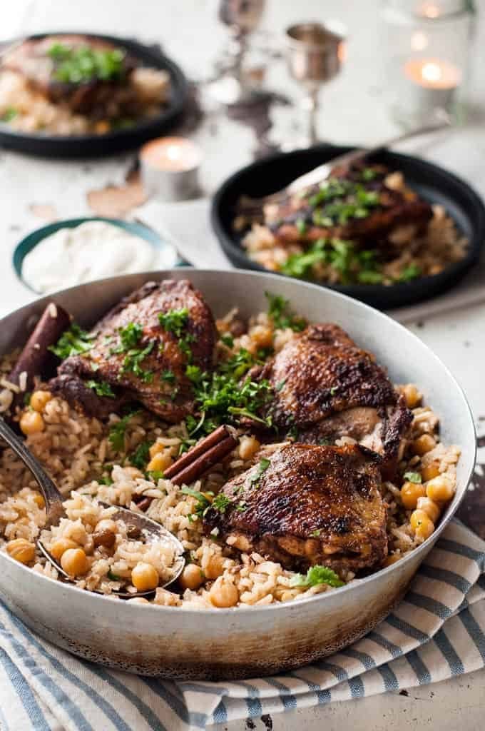 One Skillet Oven Baked Chicken Shawarma and Rice Pilaf