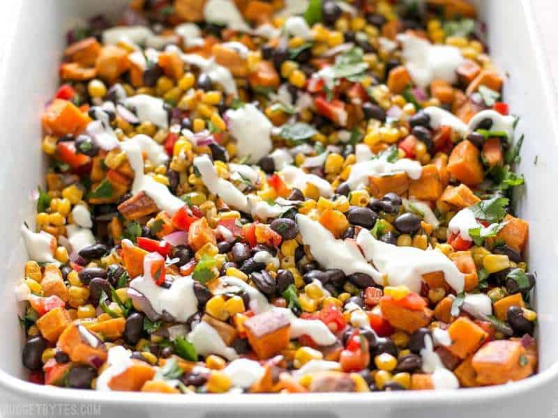 Roasted Sweet Potato Rainbow Salad with Lime Crema