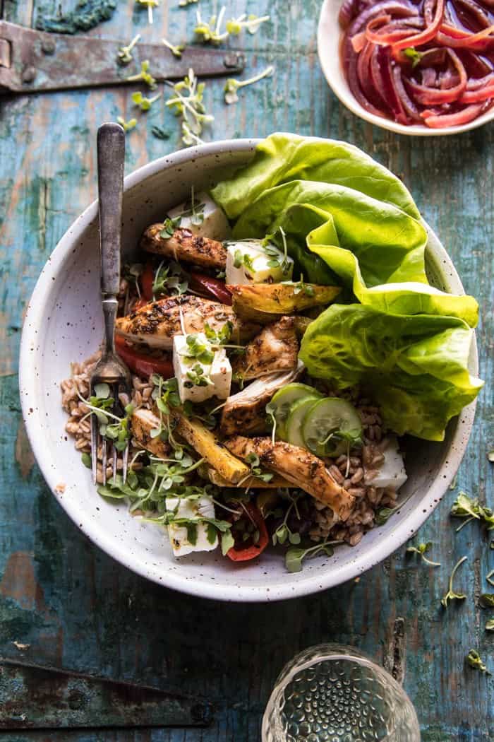 Roasted Greek Chicken and Farro Salad with Fries.
