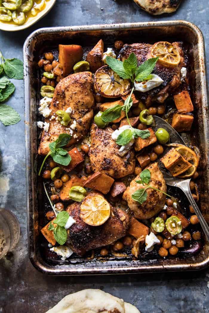 Sheet Pan Harissa Chicken with Chickpeas and Sweet Potatoes