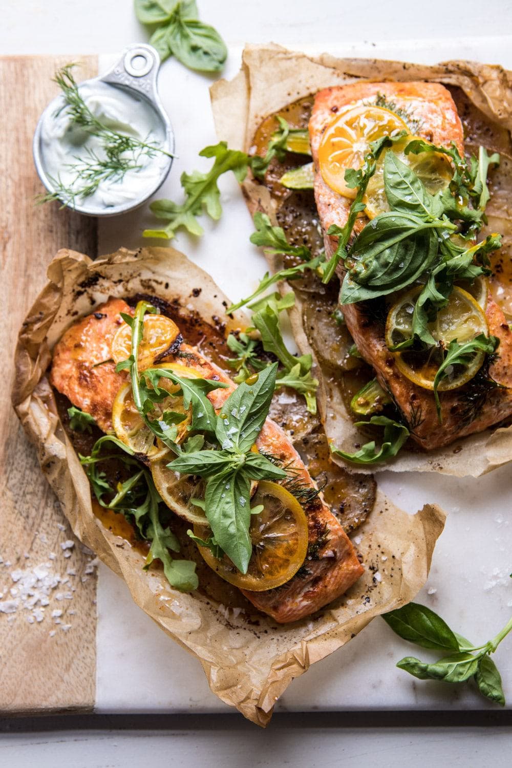 Parchment Baked Lemon Salmon and Potatoes with Dill Yogurt
