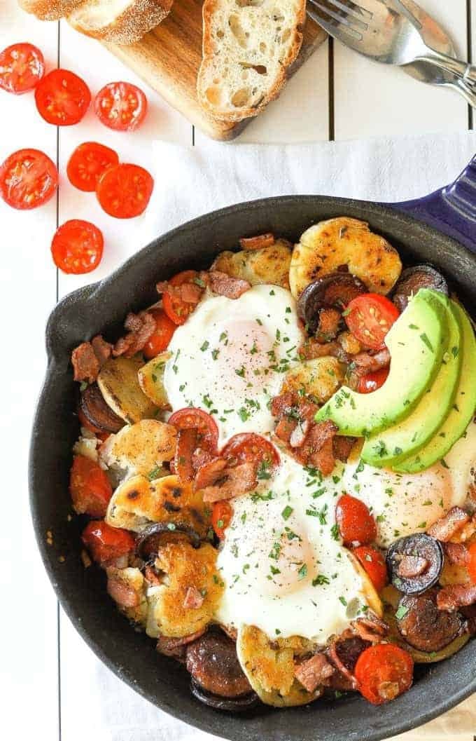 Chorizo Breakfast Hash with Crispy Smashed Potatoes and Eggs